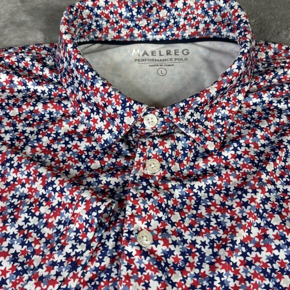 MAELREG Polo Shirt Mens Large Red White Blue Stars Performance Golf Stretch - Picture 1 of 10